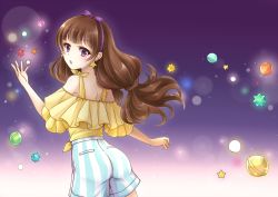 Rule 34 | 1girl, :o, amanogawa kirara, ass, bad id, bad pixiv id, bare shoulders, brown hair, earrings, go! princess precure, gradient background, hairband, jewelry, long hair, looking at viewer, looking back, mochinya21, precure, purple background, purple eyes, shorts, solo, star (symbol), star earrings, striped clothes, striped shorts, twintails, vertical stripes