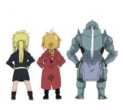 Rule 34 | alphonse elric, armor, back, bad id, bad pixiv id, blonde hair, braid, braided ponytail, earrings, edward elric, from behind, fullmetal alchemist, hands on own hips, highres, jewelry, ponytail, shiro coffee (saiga), transparent background, winry rockbell