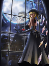 Rule 34 | 1girl, bad id, bad pixiv id, bare back, bare shoulders, black dress, blonde hair, bow, breasts, candlestand, cleavage, cloud, cup, curtains, different reflection, dress, drinking glass, elbow gloves, flandre scarlet, frown, gloves, greenteaneko, hat, highres, mob cap, moon, night, aged up, red eyes, reflection, side ponytail, sideboob, sky, smile, solo, star (sky), starry sky, touhou, window, wine glass, wings, yellow eyes