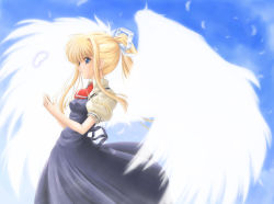 Rule 34 | 00s, 1girl, air (visual novel), angel, angel wings, black dress, blonde hair, blue sky, blush, cloud, cowboy shot, day, dress, feathered wings, from side, green eyes, hide (rightstuff annex), kamio misuzu, ponytail, profile, puffy short sleeves, puffy sleeves, ribbon, short hair, short sleeves, sidelocks, sky, solo, white wings, wings