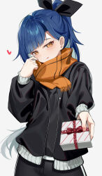 Rule 34 | 1girl, absurdres, bad id, bad twitter id, black bow, black shorts, black sweater, blue hair, blush, bow, closed mouth, cowboy shot, gift, giving, hair bow, heart, high ponytail, highres, holding, holding gift, lilpa, long hair, long sleeves, orange eyes, orange scarf, outstretched arm, polka dot, polka dot bow, red bow, scarf, shorts, sidelocks, simple background, smile, solo, standing, sugar (dndi888), sweater, swept bangs, valentine, virtual youtuber, waktaverse, white background