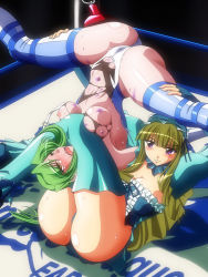 Rule 34 | 2girls, asphyxiation, ass, blush, breasts, brown hair, bruise, cleavage, defeat, female focus, fingerless gloves, gloves, green hair, headdress, injury, large breasts, leotard, long hair, multiple girls, nipples, noppo-san, oozora migiri, open mouth, purple eyes, ryona, sakurai chisato, saliva, strangling, submission, submission hold, sweat, tears, tongue, tongue out, torn clothes, unconscious, wrestle angels, wrestle angels survivor, wrestling, wrestling outfit, wrestling ring, yellow eyes