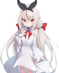 Rule 34 | 1girl, :o, ahoge, bare shoulders, black choker, black hairband, black nails, black ribbon, bow, choker, collared dress, commentary request, detached sleeves, dress, grey hair, hair between eyes, hair bow, hair ribbon, hairband, hand up, heart, heart ahoge, highres, long hair, long sleeves, looking at viewer, multicolored hair, multicolored nails, nail polish, ohihil, original, parted lips, pointy ears, red bow, red eyes, red hair, red nails, ribbon, simple background, sleeveless, sleeveless dress, sleeves past wrists, solo, streaked hair, very long hair, white background, white sleeves, wide sleeves