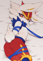 Rule 34 | absurdres, animal ears, arms behind back, ass, blush, bound, bound arms, bound legs, breath, buck teeth, cinderace, creatures (company), furry, game freak, gen 8 pokemon, heart, heart-shaped pupils, highres, looking at viewer, lying, minamo (pixiv17726065), nintendo, on side, open mouth, pokemon, pokemon (creature), rabbit ears, rabbit tail, ribbon, ribbon bondage, sweat, symbol-shaped pupils, tail, teeth