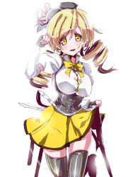 Rule 34 | 10s, 1girl, beret, blonde hair, breasts, clothes lift, drill hair, fingerless gloves, gloves, hat, magical girl, mahou shoujo madoka magica, mahou shoujo madoka magica (anime), miuku (marine sapphire), open mouth, skirt, skirt lift, solo, striped clothes, striped thighhighs, thighhighs, tomoe mami, twin drills, twintails, yellow eyes