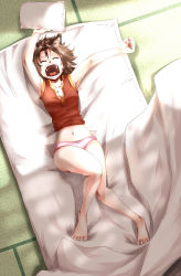 Rule 34 | 1girl, animal ears, bare legs, barefoot, blanket, breasts, brown hair, cat ears, cat girl, chen, cleavage, closed eyes, female focus, futon, highres, hip focus, lying, madara hato, midriff, no headwear, no headwear, no pants, on back, open clothes, open shirt, panties, pillow, pink panties, shirt, short hair, solo, stretching, tatami, tears, touhou, underwear, yawning