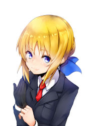 Rule 34 | 1girl, adjusting clothes, adjusting gloves, artoria pendragon (all), artoria pendragon (fate), blonde hair, blue eyes, fate/stay night, fate/zero, fate (series), formal, from above, gloves, hair ribbon, necktie, nuko-d, pant suit, pants, ribbon, saber (fate), single glove, smile, solo, suit