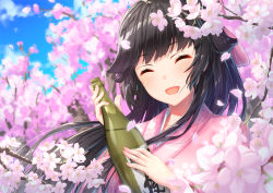 Rule 34 | 1girl, :d, ^ ^, alternate costume, azur lane, black hair, blue sky, blurry, blurry background, blush, bottle, cherry blossoms, closed eyes, cloud, day, depth of field, facing viewer, flower, hair flaps, happy, holding, holding bottle, japanese clothes, kimono, long hair, open mouth, pensuke, pink flower, pink kimono, sky, smile, solo, spring (season), takao (azur lane), upper body, very long hair