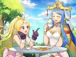 Rule 34 | 2girls, :d, ^ ^, absurdres, betabetamaru, blonde hair, blue hair, closed eyes, cloud, commentary request, cookie, cup, fire emblem, fire emblem awakening, fire emblem engage, food, highres, holding, holding cup, lumera (fire emblem), multiple girls, nintendo, nowi (fire emblem), open mouth, outdoors, ponytail, sitting, smile, table