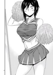 Rule 34 | 1girl, black hair, blush, breasts, caught, cheerleader, collarbone, embarrassed, greyscale, highres, hitomi-chan wa hitomishiri, large breasts, monochrome, neck, pom pom (cheerleading), short hair, skirt, solo, solo focus, takano hitomi, thighs, tomboy