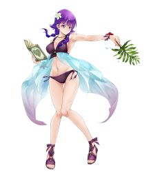Rule 34 | 1girl, bare shoulders, bikini, book, breasts, cleavage, closed mouth, collarbone, dual wielding, feet, female focus, fire emblem, fire emblem: the sacred stones, fire emblem heroes, flower, full body, hair flower, hair ornament, highres, holding, holding book, leaf, long hair, lute (fire emblem), matching hair/eyes, medium breasts, navel, nintendo, official art, purple eyes, purple hair, sandals, see-through, seo kouji, solo, stomach, swimsuit, thighs, toes, transparent background, water drop