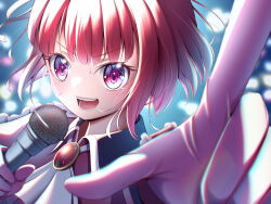 Rule 34 | 1girl, absurdres, arima kana, ascot, blurry, blurry background, blush, bob cut, brooch, chromatic aberration, collared dress, commentary request, depth of field, dress, floating hair, gloves, highres, holding, holding microphone, idol, idol clothes, inverted bob, jewelry, kimimaru (kdive nft), looking at viewer, medium hair, microphone, open mouth, oshi no ko, pink eyes, pink gloves, pointing, red brooch, red hair, solo, sparkle, sweat, teeth, upper body, white ascot