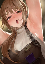 Rule 34 | 1girl, absurdres, apron, armpits, arms up, blush, breast pocket, breasts, brown apron, brown eyes, brown hair, earrings, hair over shoulder, highres, jewelry, large breasts, long hair, looking at viewer, mature female, mute (mute89539160), open mouth, original, pocket, sleeveless, sleeveless sweater, solo, sweat, sweater, textless version, upper body, white sweater
