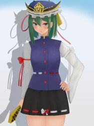 Rule 34 | 1girl, absurdres, asymmetrical hair, black skirt, blue hat, blue vest, closed mouth, commentary, frilled hat, frills, green eyes, green hair, hand on own hip, hat, highres, holding, juliet sleeves, long sleeves, looking at viewer, moriforest1040, puffy sleeves, ribbon-trimmed skirt, ribbon trim, rod of remorse, shadow, shiki eiki, short hair, skirt, solo, touhou, vest