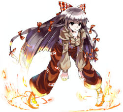 Rule 34 | 1girl, bow, breasts, cleavage, female focus, fire, fujiwara no mokou, hair bow, leaning forward, long hair, long sleeves, multiple hair bows, red eyes, silver hair, simple background, solo, suspenders, touhou, very long hair, white background