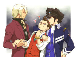 Rule 34 | 3boys, ?, ace attorney, apollo justice, blonde hair, brown eyes, brown hair, buttons, clay terran, closed eyes, closed mouth, collared shirt, commentary request, hand on own hip, jacket, jewelry, klavier gavin, long hair, looking at another, male focus, multiple boys, necklace, orange pants, orange vest, pants, parted lips, phoenix wright: ace attorney - dual destinies, popped collar, red jacket, ring, shirt, short hair, sleeves rolled up, smile, sweat, tepra, tongue, tongue out, upper body, vest, visor cap, white shirt, yaoi