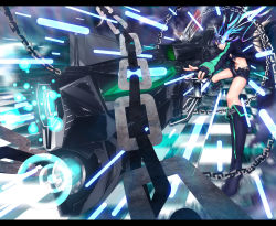 Rule 34 | 10s, 1girl, bad id, bad pixiv id, bikini, bikini top only, black hair, black rock shooter, black rock shooter (character), blue eyes, boots, chain, fingerless gloves, foreshortening, gloves, glowing, glowing eyes, gun, highres, letterboxed, long hair, midriff, navel, shorts, solo, swimsuit, twintails, very long hair, weapon, zucchini