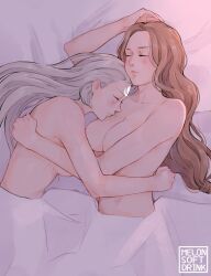 Rule 34 | 2girls, artist name, blush, breasts, brown hair, closed eyes, closed mouth, commentary, diana (league of legends), english commentary, from above, grey hair, highres, hug, large breasts, league of legends, leona (league of legends), long hair, lying, melonsoftdrink, multiple girls, nude, on bed, on side, sleeping, under covers, yuri