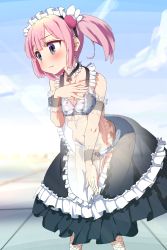 Rule 34 | 1girl, absurdres, alternate costume, bare shoulders, blue eyes, blush, bow, bow bra, bow panties, bra, breasts, chiyoda momo, choker, closed mouth, collarbone, enmaided, fishnet pantyhose, fishnets, floral print, frilled choker, frills, gluteal fold, hair ornament, highres, machikado mazoku, maid, maid headdress, oekakiism, outdoors, panties, pantyhose, pink hair, see-through, short hair, small breasts, solo, standing, underwear, white bra, white panties