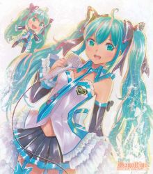 Rule 34 | 2girls, ahoge, aqua eyes, aqua hair, artist name, chibi, collar, copyright name, detached sleeves, garter straps, green eyes, hair ribbon, hatsune miku, long hair, marker (medium), mayo riyo, microphone, multiple girls, navel, necktie, open mouth, outstretched arms, ribbon, skirt, spread arms, thighhighs, traditional media, twintails, very long hair, vocaloid