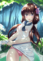Rule 34 | 1girl, alternate hairstyle, blush, breasts, brown hair, forest, hair between eyes, hair ornament, highres, kantai collection, kisaragi (kancolle), long hair, medium breasts, nature, nipples, no bra, no pants, open mouth, panties, pink panties, purple eyes, school uniform, see-through, serafuku, shirt, solo, takamichis211, twintails, underwear, wet, wet clothes, white shirt