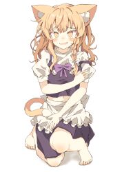 Rule 34 | 1girl, absurdres, animal ear fluff, animal ears, apron, barefoot, bikini, black skirt, black vest, blonde hair, blush, bow, braid, cat ears, cat girl, cat tail, colored eyelashes, commentary request, covering body, covering breasts, covering crotch, covering privates, embarrassed, fang, frilled apron, frilled skirt, frills, full body, hair between eyes, hair bow, highres, kirisame marisa, kneeling, long hair, looking at viewer, midriff peek, navel, nervous smile, open mouth, partial commentary, puffy short sleeves, puffy sleeves, purple bow, seika okawari, shirt, short sleeves, side braid, simple background, single braid, skirt, smile, solo, strap slip, sweatdrop, swimsuit, tail, tears, tiptoes, toes, touhou, turtleneck, vest, waist apron, wavy hair, white apron, white background, white bikini, white shirt, yellow eyes