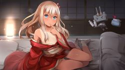 Rule 34 | 1girl, blonde hair, blue eyes, blush, breasts, choko (cup), commentary request, cup, finger to mouth, flower, futon, gluteal fold, hair censor, hair flower, hair ornament, indoors, japanese clothes, kantai collection, kimono, long hair, looking at viewer, night, obi, off shoulder, one-piece tan, open clothes, open kimono, pillow, rensouhou-chan, ro-500 (kancolle), sash, shin (new), sliding doors, small breasts, smile, solo, tabi, tan, tanline, tissue box, tokkuri, tray