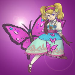 Rule 34 | 1girl, agitha, bad id, bad pixiv id, blonde hair, bug, butterfly, esuya, insect, nintendo, pantyhose, simple background, solo, the legend of zelda, the legend of zelda: twilight princess, twintails, white pantyhose