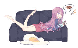 Rule 34 | 10s, 1girl, barefoot, cellphone, couch, egg, egg (food), food, fried egg, girlish number, highres, iphone, karasuma chitose (girlish number), litsvn, long hair, looking at viewer, lying, md5 mismatch, on stomach, open mouth, phone, purple hair, resolution mismatch, skirt, smartphone, solo, source larger, the pose, white background
