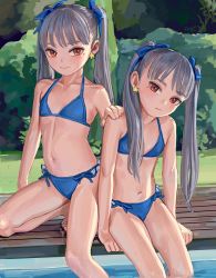 Rule 34 | 2girls, arm support, artist name, bare arms, bare legs, bare shoulders, barefoot, bikini, blue bikini, blue bow, blush, bow, brown eyes, bush, child, closed mouth, collarbone, day, earrings, fkey, grey hair, hair bow, hand on another&#039;s shoulder, head tilt, highres, jewelry, long hair, looking at viewer, multiple girls, navel, on one knee, original, outdoors, poolside, side-tie bikini bottom, smile, soaking feet, star (symbol), star earrings, swimsuit, twintails, very long hair, water, wet