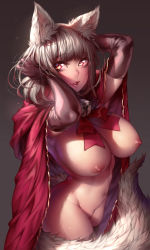 Rule 34 | 1girl, absurdres, animal ears, arms up, bell, black gloves, black thighhighs, bow, bowtie, breasts, cape, elbow gloves, fangs, gloves, grey background, grey hair, highres, large breasts, looking at viewer, naidong (artist), navel, nipples, open mouth, orange eyes, original, shirt, short hair, smile, solo, striped clothes, striped shirt, tail, thighhighs, vertical-striped clothes, vertical-striped shirt, wolf ears, wolf tail