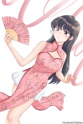 Rule 34 | 1girl, absurdres, bare arms, bare shoulders, black eyes, black hair, blush, breasts, china dress, chinese clothes, cleavage, cleavage cutout, clothing cutout, dress, dutch angle, facebook username, feet out of frame, hand fan, highres, holding, holding fan, komi-san wa komyushou desu, komi shouko, large breasts, long hair, paper fan, pink dress, simple background, skirt under dress, sleeveless, solo, tokisan, white background