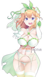 Rule 34 | 1girl, :d, arm up, artist name, blue eyes, bra, breasts, brown hair, cleavage, commentary, cowboy shot, elbow gloves, english commentary, flower, garter belt, gloves, go-toubun no hanayome, green bra, green flower, green gloves, green panties, green ribbon, green thighhighs, hair between eyes, hair flower, hair ornament, hair ribbon, halterneck, hand in own hair, hot vr, large breasts, looking at viewer, nakano yotsuba, open mouth, outstretched arm, paid reward available, panties, pixiv username, ribbon, smile, solo, standing, thighhighs, underwear, veil