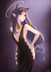 Rule 34 | 1girl, absurdres, bare shoulders, blunt bangs, collarbone, dress, evening gown, gown, halo, hand on own hip, highres, hololive, hololive english, long hair, mole, mole under eye, multicolored hair, ninomae ina&#039;nis, pointy ears, purple hair, skindentation, solo, tentacle hair, tfqr, virtual youtuber