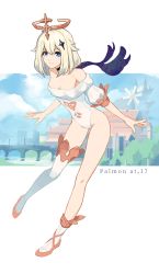 Rule 34 | 1girl, absurdres, alternate size, asymmetrical legwear, bare shoulders, blue eyes, breasts, cape, cleavage, dress, genshin impact, halo, highres, kai1up, looking at viewer, aged up, paimon (genshin impact), scarf, short hair, short sleeves, uneven legwear, white dress, white hair