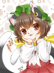 Rule 34 | 1226 waka, 1girl, animal ear fluff, animal ear piercing, animal ears, bow, bowtie, brown hair, cat ears, cat tail, cheek squash, chen, commentary request, dated, dress, earrings, eyes visible through hair, gold trim, green hat, hands on own face, hands up, hat, highres, jewelry, mob cap, multiple tails, nekomata, petite, red dress, red eyes, short hair, simple background, single earring, solo, tail, touhou, translation request, two tails, white background, white bow, white bowtie