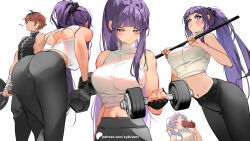Rule 34 | 1boy, 2girls, alternate costume, ass, ass focus, breasts, commentary, contemporary, crop top, dumbbell, english commentary, exercising, fern (sousou no frieren), frieren, horizontal bar, large breasts, long hair, multiple girls, navel, pants, pullups, purple hair, revision, sleeveless, sousou no frieren, stark (sousou no frieren), straight hair, sweat, sydus, training, weightlifting, weights, workout clothes, yoga pants
