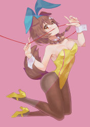 Rule 34 | 1girl, absurdres, animal ears, artist name, ass, bare arms, bare shoulders, bone hair ornament, braid, breasts, brown eyes, brown hair, brown pantyhose, bunny day, closed mouth, collarbone, commentary request, detached collar, dog ears, dog girl, dog tail, fake animal ears, fangs, full body, hair between eyes, hair ornament, high heels, highleg, highleg leotard, highres, hololive, inugami korone, kneeling, knees together feet apart, leash, leotard, long hair, looking at viewer, low twintails, medium breasts, null suke, pantyhose, pink background, playboy bunny, simple background, solo, strapless, strapless leotard, tail, tail raised, thighs, twin braids, twintails, virtual youtuber, wrist cuffs, yellow footwear, yellow leotard