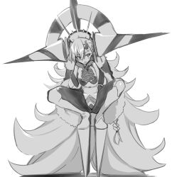 Rule 34 | 10mo, 1girl, braid, breasts, cape, cloak, clothing cutout, earrings, fate/grand order, fate (series), fur-trimmed cape, fur-trimmed cloak, fur trim, grey cape, horns, huge horns, jewelry, long braid, long hair, long horns, looking at viewer, navel, olga marie animusphere, open mouth, side braid, single horn, slav squatting, small breasts, solo, squatting, stomach cutout, striped bodysuit, u-olga marie, very long hair, white hair