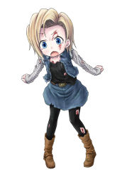 Rule 34 | 1girl, aged down, android 18, bandages, belt, blonde hair, blood, blue eyes, boots, disheveled, dragon ball, dragonball z, earrings, female focus, hiropon (katakoriman), injury, jacket, jewelry, katakoriman, looking at viewer, open mouth, pantyhose, simple background, skirt, solo, standing, torn clothes, white background