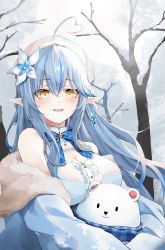Rule 34 | 1girl, ahoge, bare tree, beret, blue hair, blue ribbon, blush, breasts, cleavage, coat, commentary, dress, earrings, flower, fur-trimmed coat, fur trim, hair between eyes, hair flower, hair ornament, half updo, hat, heart, heart ahoge, highres, hololive, jewelry, light blue hair, long hair, looking at viewer, medium breasts, multicolored hair, neck ribbon, off shoulder, open mouth, pointy ears, ribbon, sleeveless, sleeveless dress, smile, snow, solo, stuffed animal, stuffed toy, teddy bear, toto (kuro toto), tree, two-tone hair, upper body, virtual youtuber, white coat, white dress, white hat, yellow eyes, yukihana lamy