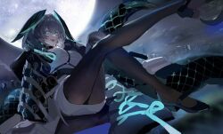 Rule 34 | 1girl, aqua eyes, aqua wings, arknights, between breasts, black pantyhose, breasts, ccclann, cityscape, coat, dress, fingerless gloves, full body, full moon, gloves, grey hair, hair between eyes, head wings, ho&#039;olheyak (arknights), infection monitor (arknights), large breasts, long tail, looking at viewer, medium hair, moon, moonlight, multicolored coat, open clothes, open coat, pantyhose, pencil dress, scales, shoes, snake tail, solo, strap between breasts, tail, two-tone coat, two-tone wings, white gloves, wings