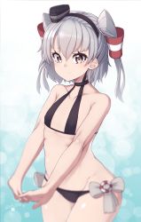 Rule 34 | 10s, 1girl, 2016, alternate costume, alternate hair length, alternate hairstyle, amatsukaze (kancolle), bare arms, bare shoulders, bikini, black bikini, black hat, blurry, blush, bow, closed mouth, collarbone, cowboy shot, dated, depth of field, eyebrows, eyelashes, flat chest, grey bow, hair tie, hair tubes, hairband, hat, highres, kantai collection, looking at viewer, mini hat, mku, short hair, short twintails, side-tie bikini bottom, silver hair, smile, solo, standing, stretching, swimsuit, twintails, two side up