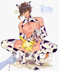Rule 34 | 1boy, abs, alternate costume, animal ears, bikini, bottle, brown hair, clothes lift, cow boy, cow ears, cow tail, ear tag, genshin impact, gradient hair, grey background, hair between eyes, highres, hooves, hwan (mob hwan), lactation, lifting own clothes, long hair, male focus, male lactation, milk bottle, milking machine, multicolored hair, nipples, orange hair, parted lips, pectorals, pelvic curtain, pelvic curtain lift, ponytail, seelie (genshin impact), simple background, squatting, sweat, swimsuit, tail, thighhighs, toned, toned male, yellow eyes, zhongli (genshin impact)