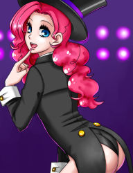 Rule 34 | 1girl, alternate costume, apzzang, ass, bad id, bad pixiv id, blue eyes, finger to mouth, hat, magician, my little pony, my little pony: friendship is magic, nail polish, open mouth, personification, pink hair, pinkie pie, solo, top hat