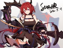 Rule 34 | &gt;:), 1girl, arknights, armband, bare shoulders, belt, black belt, black dress, black thighhighs, breasts, chain, character name, cleavage, commentary, cowboy shot, dated, dress, highres, holding, holding sword, holding weapon, horns, huge filesize, large breasts, long hair, long sleeves, looking at viewer, nail polish, off shoulder, pouch, purple eyes, purple nails, red hair, short dress, siguma (13238772100), solo, standing, surtr (arknights), sword, thighhighs, thighs, v-shaped eyebrows, very long hair, weapon