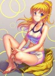 Rule 34 | 10s, 1girl, alternate hair length, alternate hairstyle, bad id, bad pixiv id, bare shoulders, barefoot, bike shorts, blonde hair, blue eyes, blush, breasts, feet, full body, gundam, gundam build fighters, gundam build fighters try, hobby knife, hoshino fumina, indian style, jacket, unworn jacket, long hair, looking at viewer, midriff, navel, ponytail, scrunchie, shiny skin, sitting, smile, solo, sports bra, taut clothes, toes, two-tone sports bra, urokoda