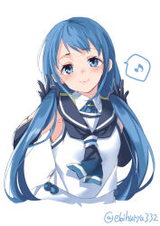 Rule 34 | 1girl, alternate hairstyle, black gloves, black neckerchief, black sailor collar, blue eyes, blue hair, blush, bunching hair, cropped torso, ebifurya, eighth note, elbow gloves, gloves, highres, kantai collection, long hair, low twintails, musical note, neckerchief, sailor collar, samidare (kancolle), school uniform, serafuku, simple background, skirt, sleeveless, smile, solo, spoken musical note, twintails, twitter username, very long hair, white background, white skirt