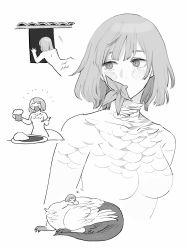 Rule 34 | 1girl, alcohol, arm pillow, beer, beer mug, breasts, chibi, crossed arms, cup, curry, curry rice, dragon girl, dungeon meshi, eating, eating flower, facing away, falin touden, falin touden (tallman), feathers, flower in mouth, food, frs2, greyscale, hand up, happy, highres, holding, holding cup, holding spoon, large breasts, looking away, monochrome, monster girl, mouth hold, mug, multiple views, nude, open mouth, peeking, plate, rice, short hair, sideways glance, simple background, sleeping, spoilers, spoon, taur, tears, unusually open eyes, window, zzz