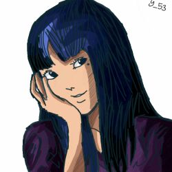 Rule 34 | 1girl, blue eyes, blue hair, hands on own face, itou junji (style), junji ito collection, kawakami tomie, long hair, model, mole, mole under eye, non-web source, portrait, purple shirt, self-upload, shirt, signature, simple background, smile, solo, tomie, white background, yatsuoshi 53